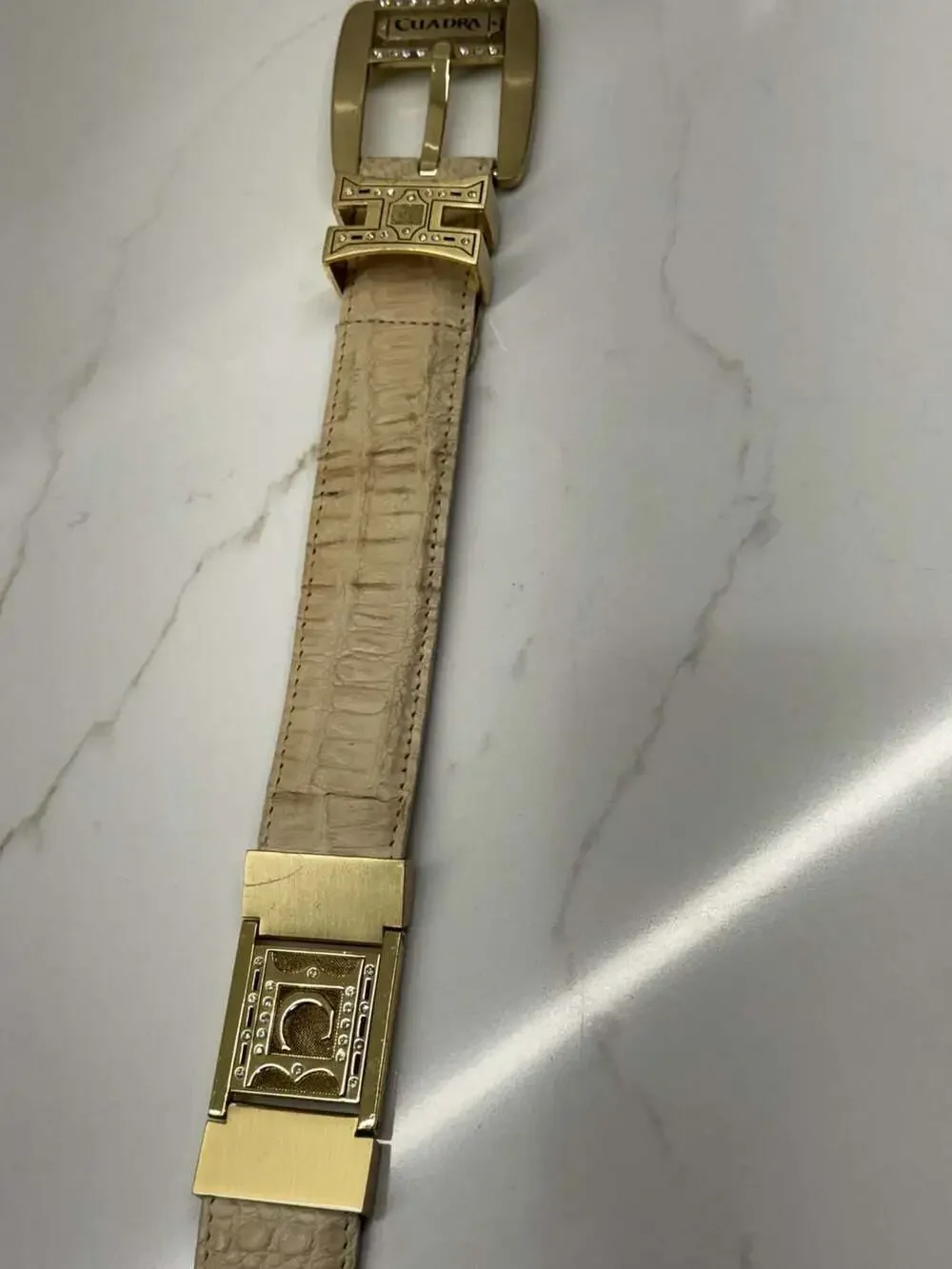 Cuadra Men's Cream Genuine Caiman Fuscus Skin Belt with Rhinestone Buckle